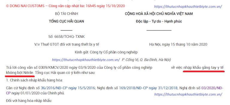VAT nhập khẩu Găng nitrile không bột