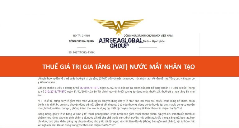 THUẾ GIÁ TRỊ GIA TĂNG (VAT) NƯỚC MẮT NHÂN TẠO NHẬP KHẨU