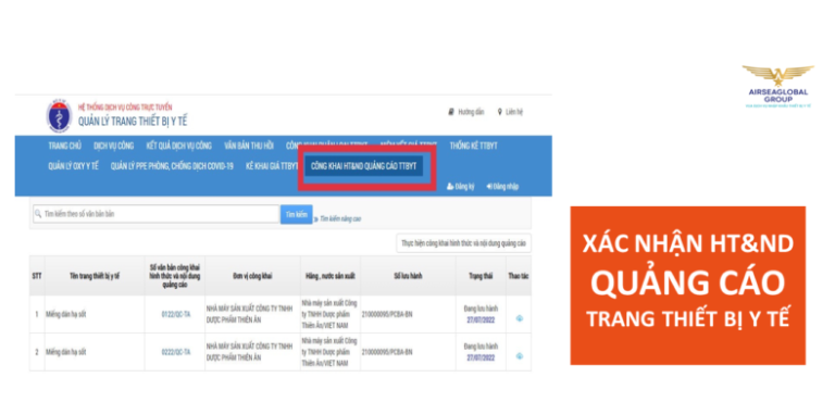 XÁC NHẬN NỘI DUNG QUẢNG CÁO TRANG THIẾT BỊ Y TẾ